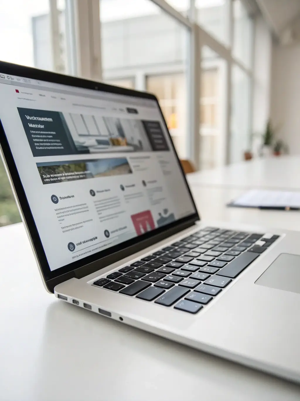 A sleek, responsive website on a laptop screen with a clean navy and white color scheme, highlighting user-friendly navigation.